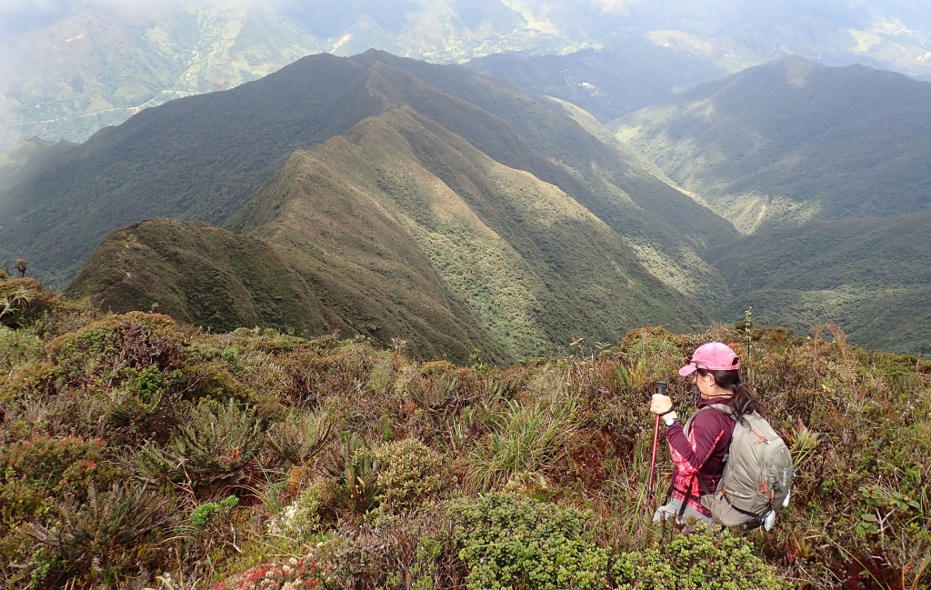 Photo of a female hiker in red in the foreground descending toward a narrow path along a green, steep-sided ridge.