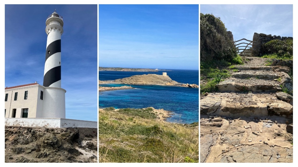 Three photos show (left) a lighthouse painted in a spiral of black and white stripes with blue sky behind it; (middle) a coastal view with a green bluff in the foreground, a stone tower on a rocky outcroup in the middle, and a tiny lighthouse in the distance on the next spit of land; and (right) stone steps leading up a hill to a gate made of tree branches in a gap between stone walls.